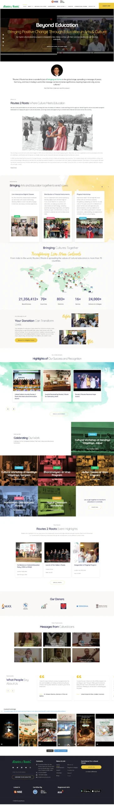 Routes2Roots NGO education website developed using WordPress