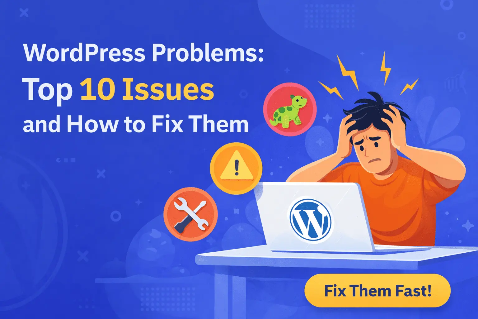 WordPress problems banner image with speed, SEO, and security issue icons